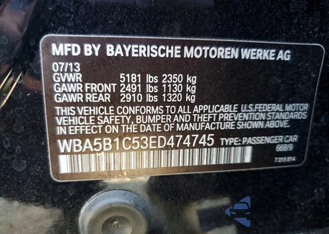 2014 BMW 535 I from USA, damaged, VIN WBA5B1C53ED474745